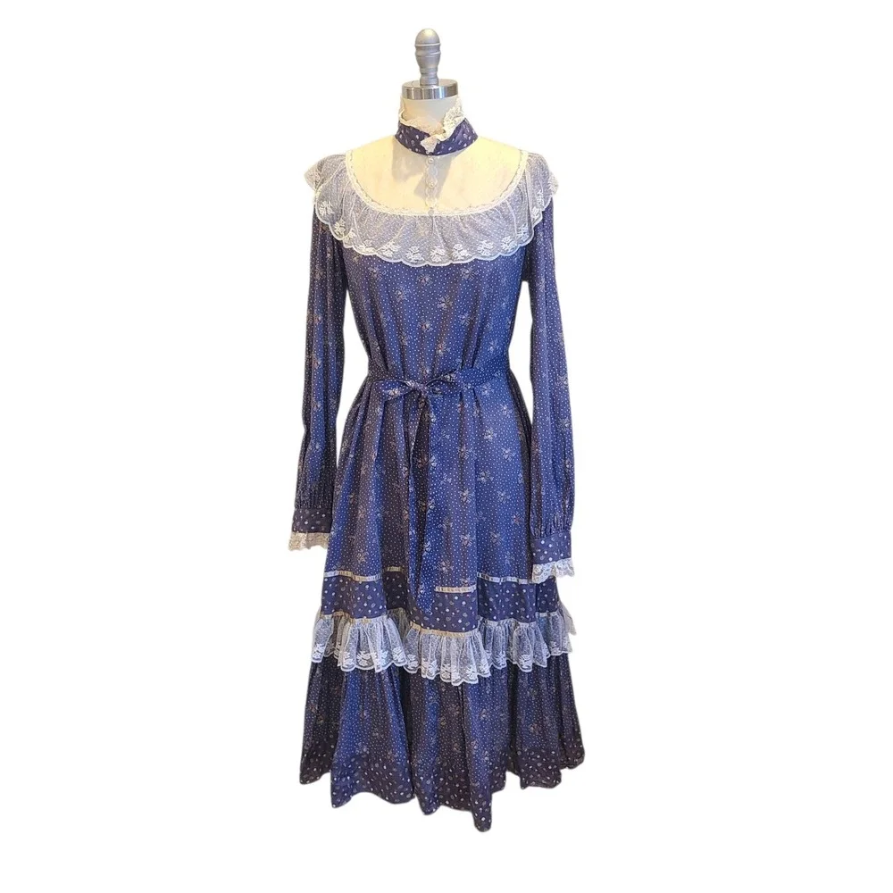 Gunne Sax Dress Purple Prairie Cottage Core Floral Lace Size 11 Vintage 70s Blue - Picture 1 of 8